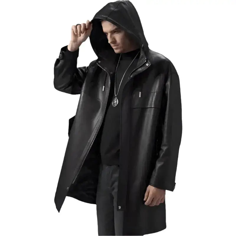 Men’s Black Leather Hooded Coat-1