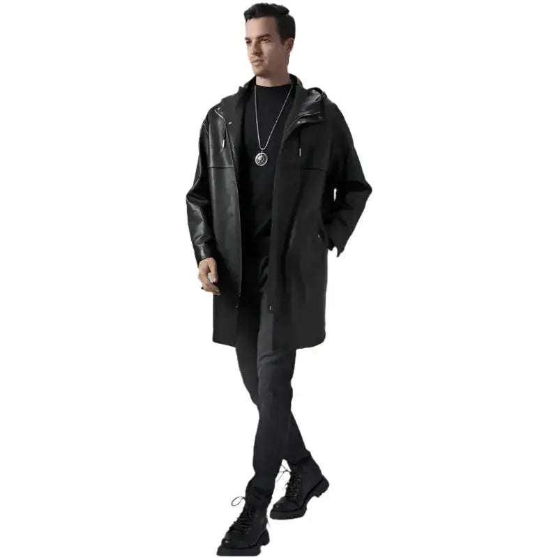Men’s Black Leather Hooded Coat-4
