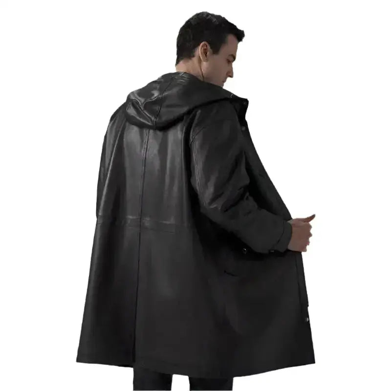 Men’s Black Leather Hooded Coat-2