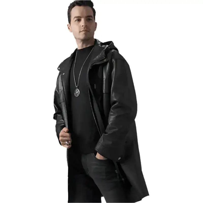 Men’s Black Leather Hooded Coat-3