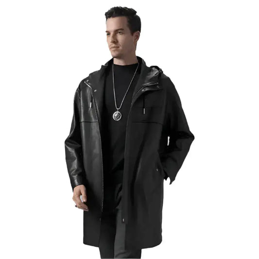 Men’s Black Leather Hooded Coat-0