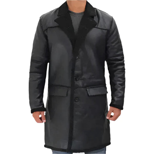 Mens Black Winter Shearling Leather Trench Coat-0