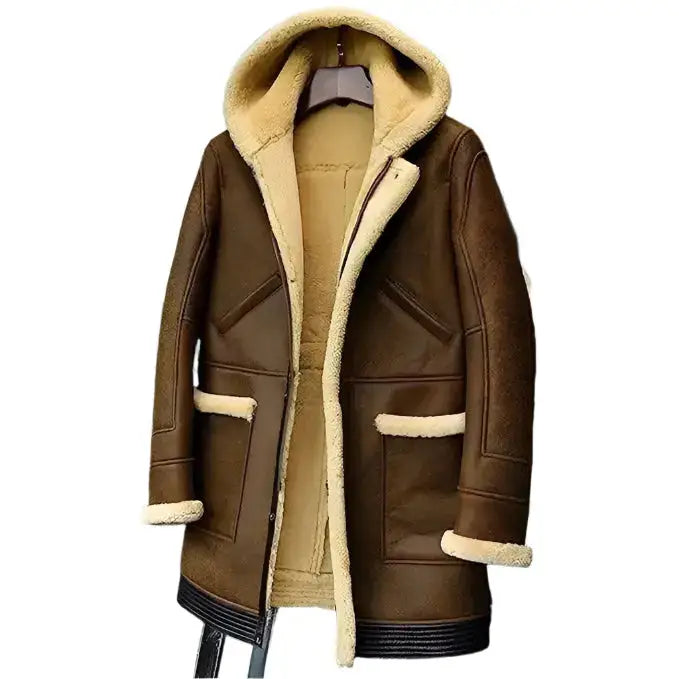 Mens Hooded Shearling Sheepskin Long Coat-0