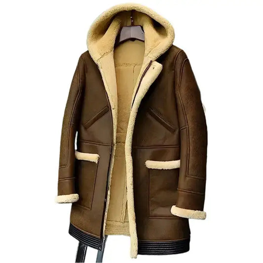 Mens Hooded Shearling Sheepskin Long Coat-0