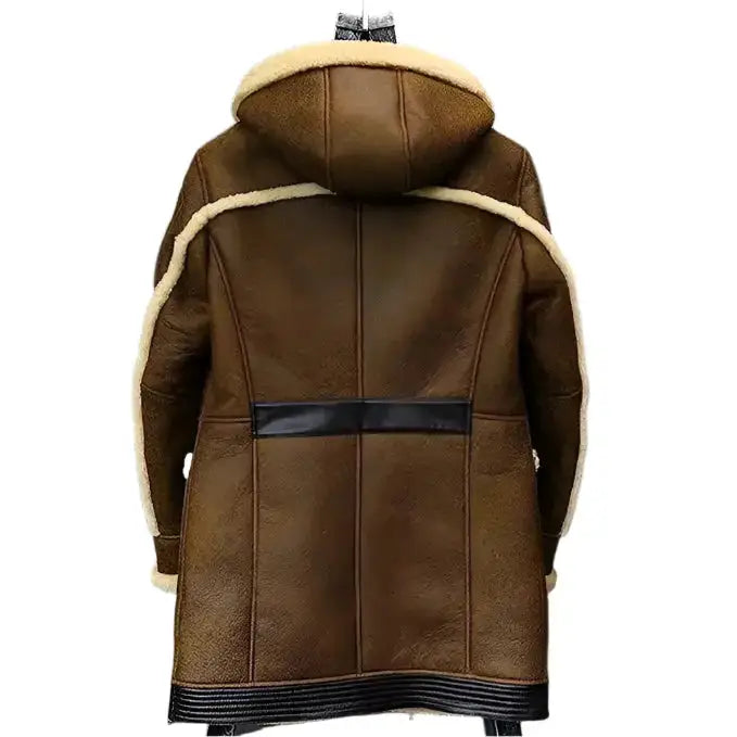 Mens Hooded Shearling Sheepskin Long Coat-1
