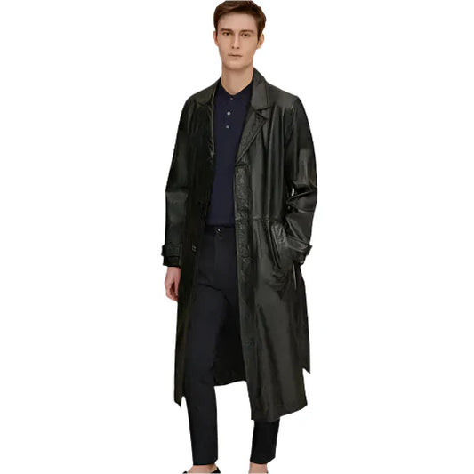Men's Retro Vintage Leather Long Trench Coat-0