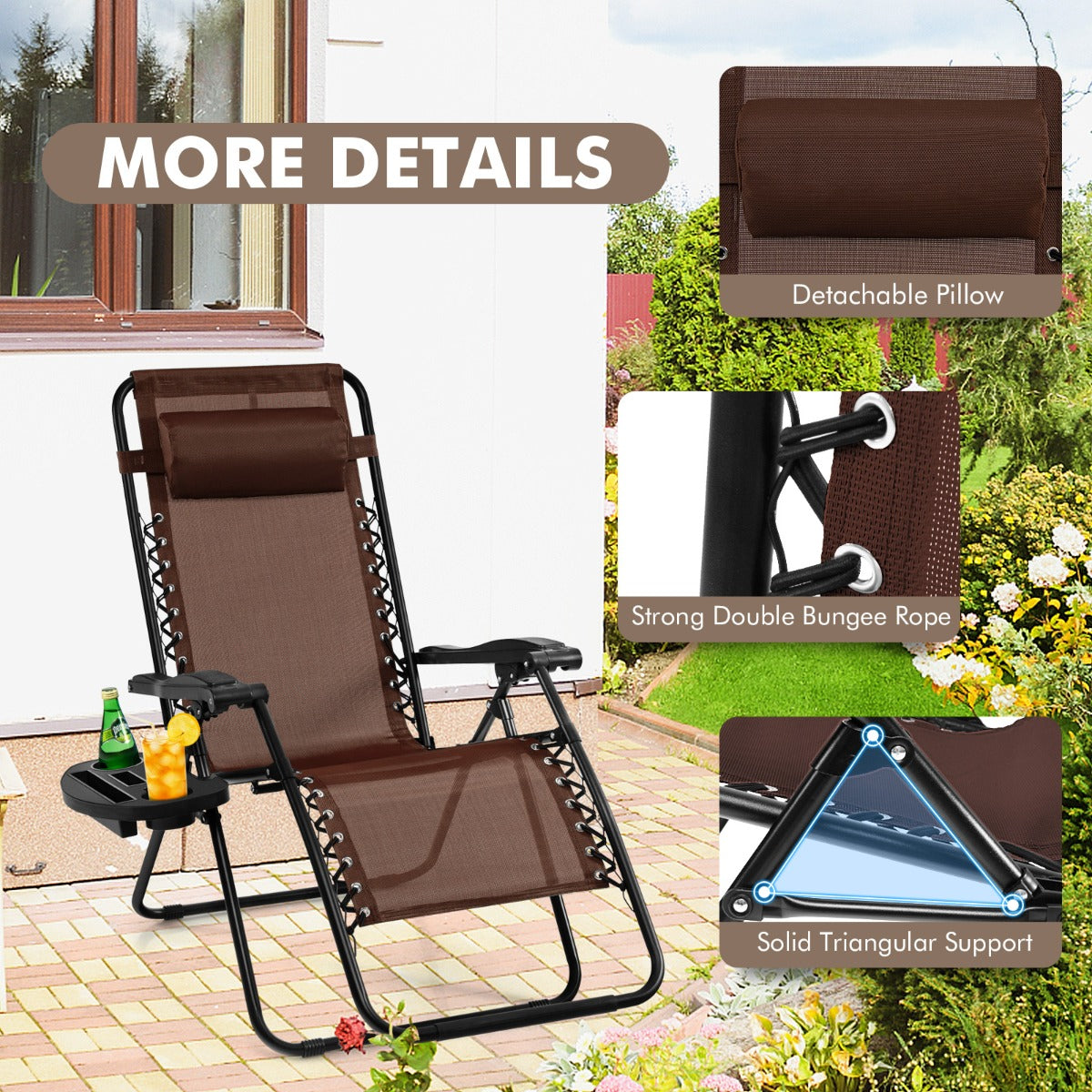 NNECW Patio Zero Gravity Lounge Chair with Cup Holder &amp Removable Pillow-Coffee-1 piece-2