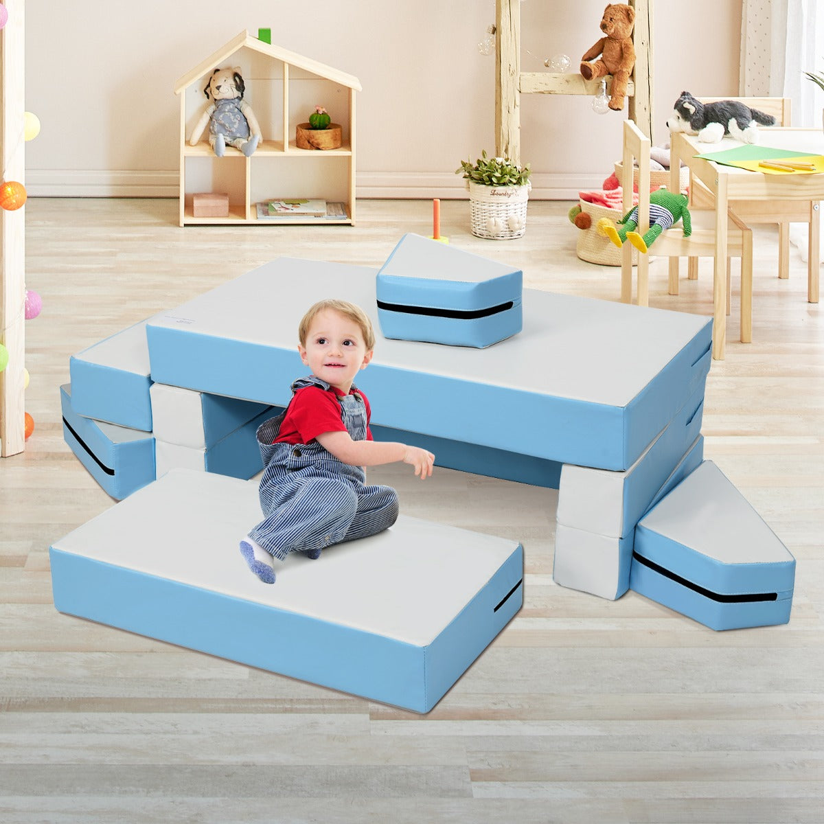 NNECW 4-In-1 Multi-functional Combination Sofa Set with Durable PU Surface for Kids-Blue-4