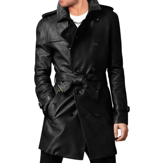 Men’s Vintage Black Leather Long Coat-0