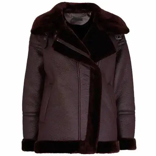 Women’s Dark Maroon Faux Fur Biker Jacket-0